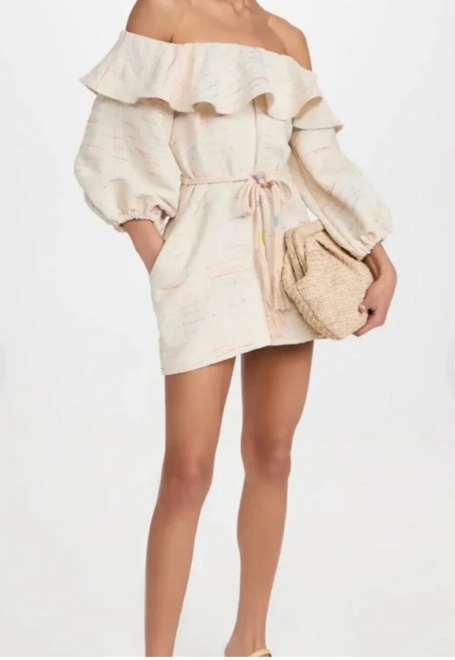 Something Navy Cream Romper Rainbow Textured Off Shoulder Puff Sleeve S Small